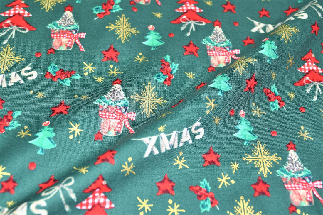 Green Printed Christmas Cotton Fabric