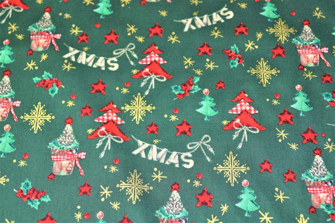 Green Printed Christmas Cotton Fabric
