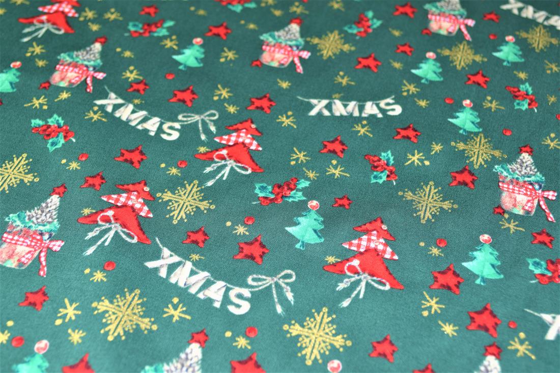 Green Printed Christmas Cotton Fabric