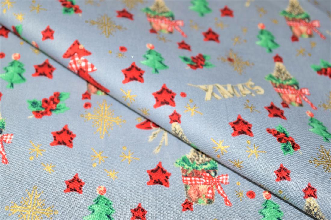 Grey Printed Christmas Cotton Fabric