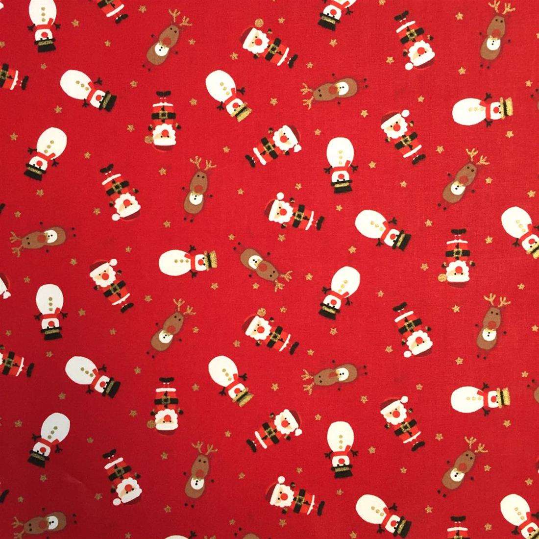 Father Christmas, Rudolph and Snowmen Printed 100% Cotton Fabric
