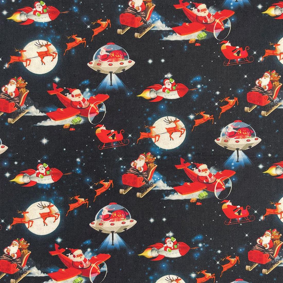 Black Flying Father Christmas Printed Cotton Fabric