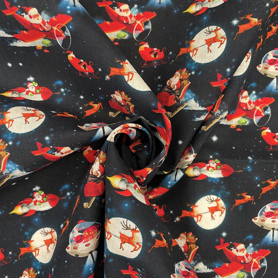 Black Flying Father Christmas Printed Cotton Fabric