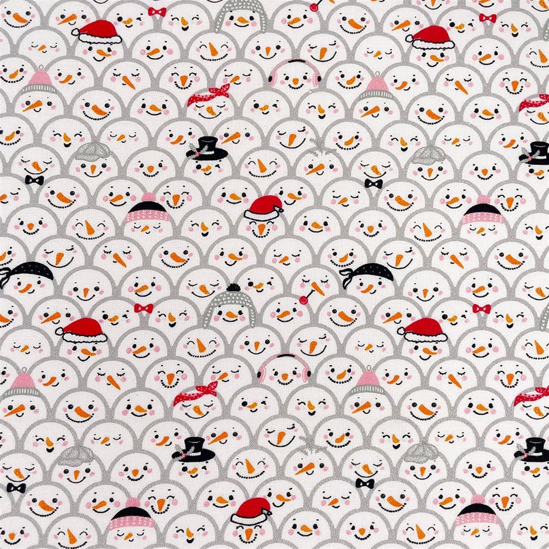 White Happy Snowmen Printed Christmas Cotton Fabric