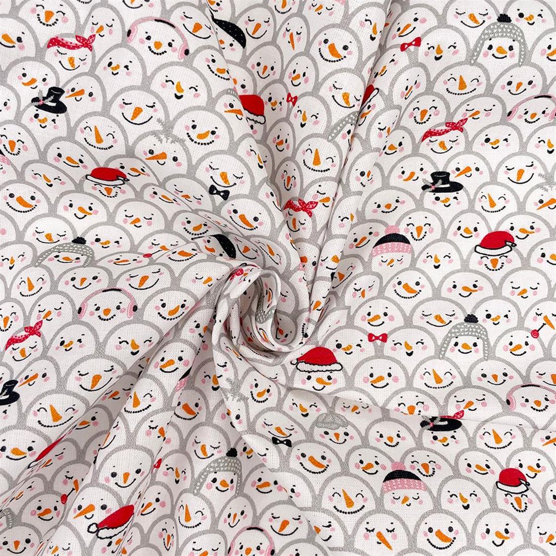 White Happy Snowmen Printed Christmas Cotton Fabric