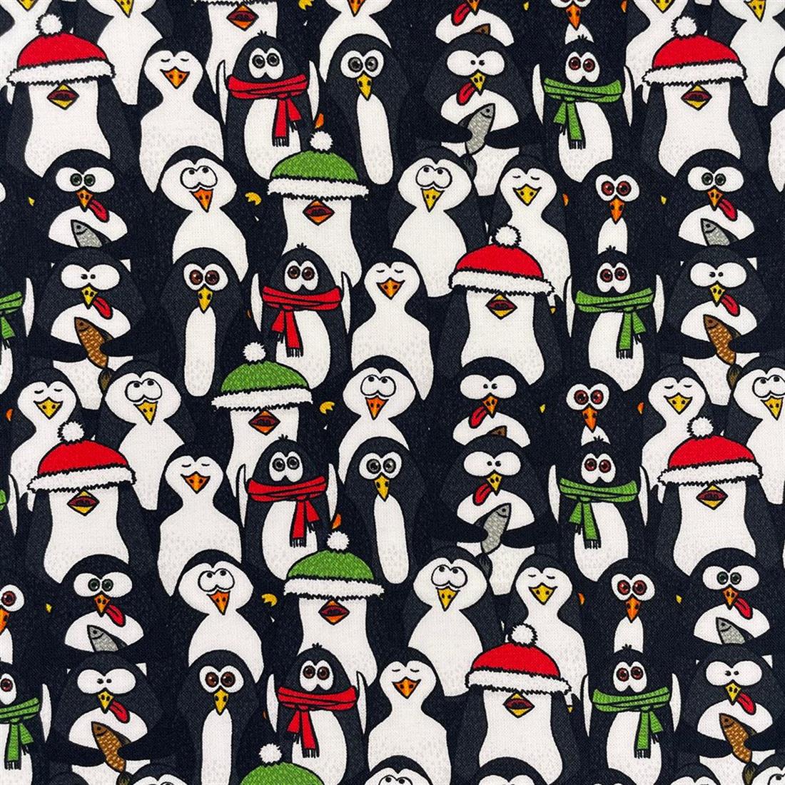 Black Jolly Penguins Printed Christmas Crafty Cotton Fabric