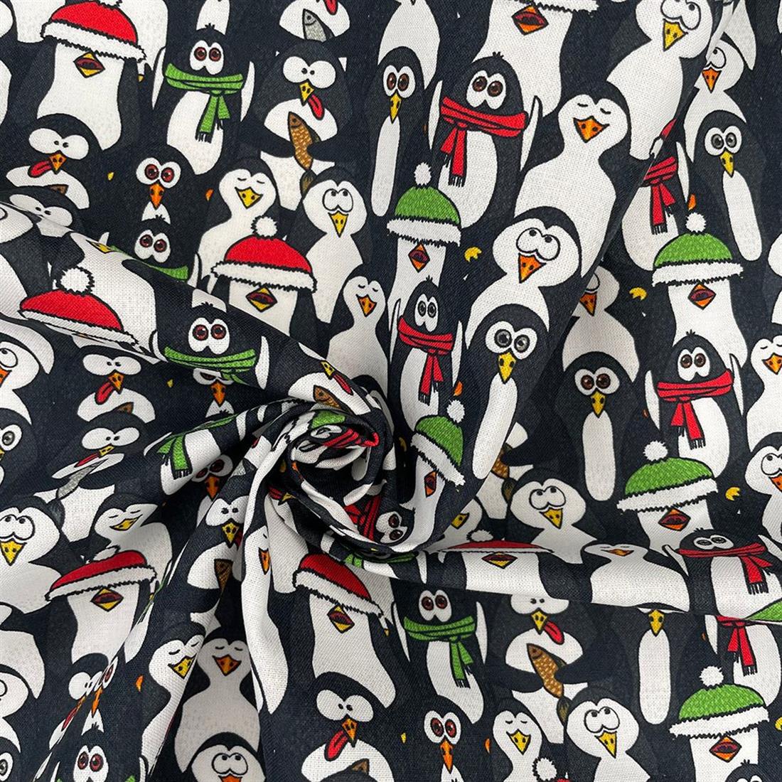 Black Jolly Penguins Printed Christmas Crafty Cotton Fabric