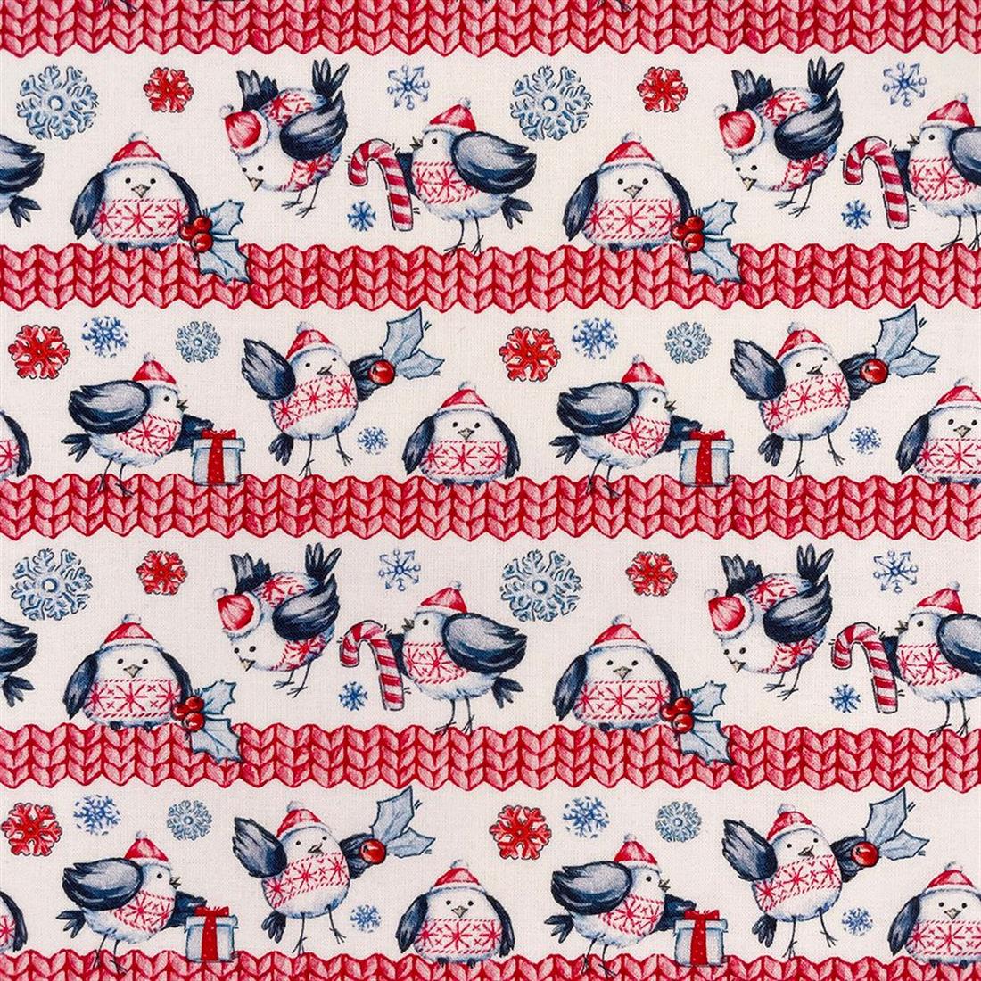 White & Red Jolly Robins Printed Christmas Cotton Fabric