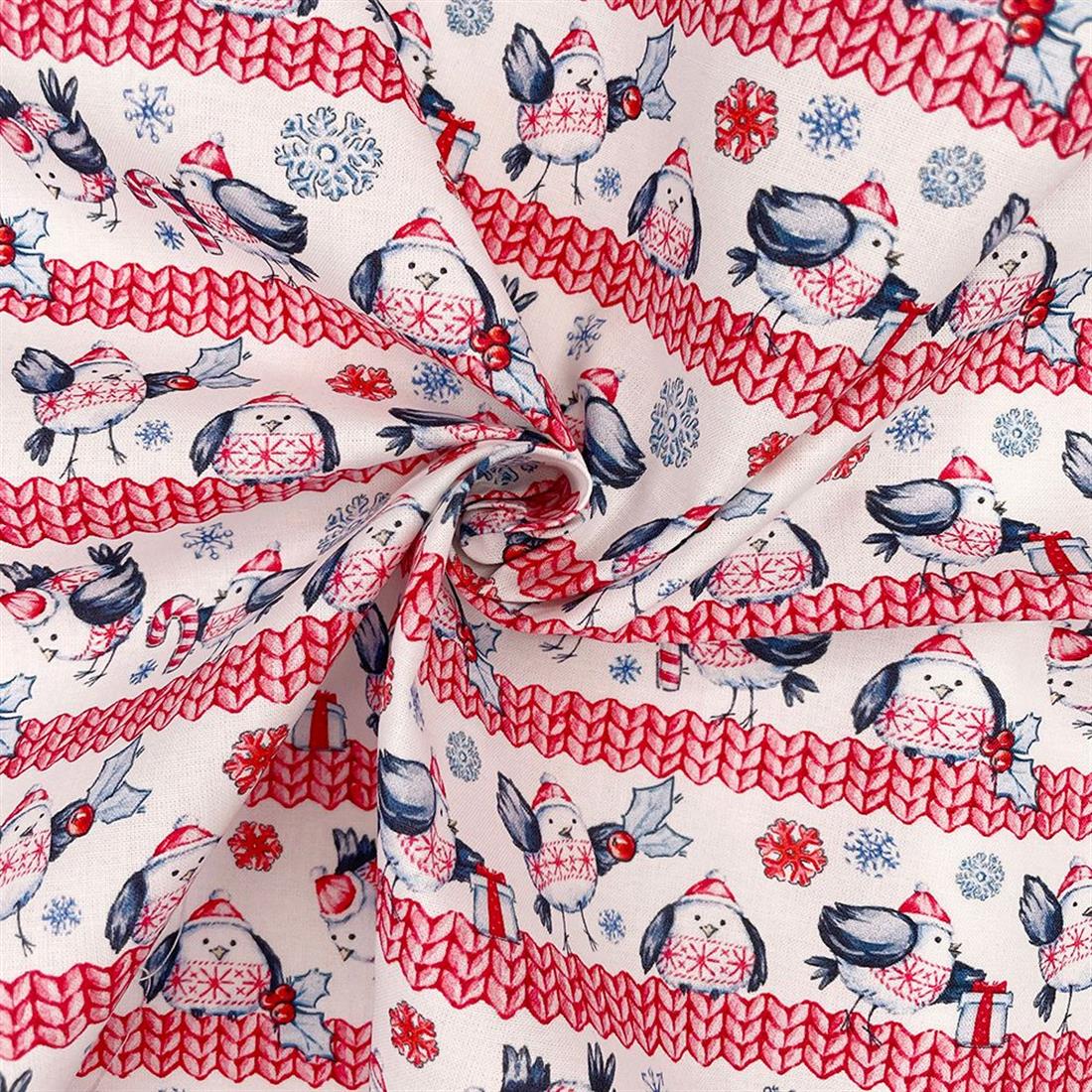 White & Red Jolly Robins Printed Christmas Cotton Fabric