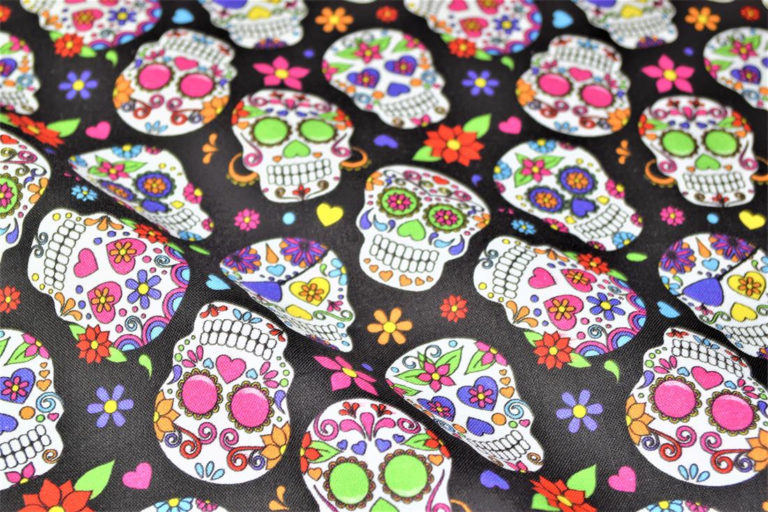 Black Sugar Skulls Printed 100% Cotton Halloween Fabric