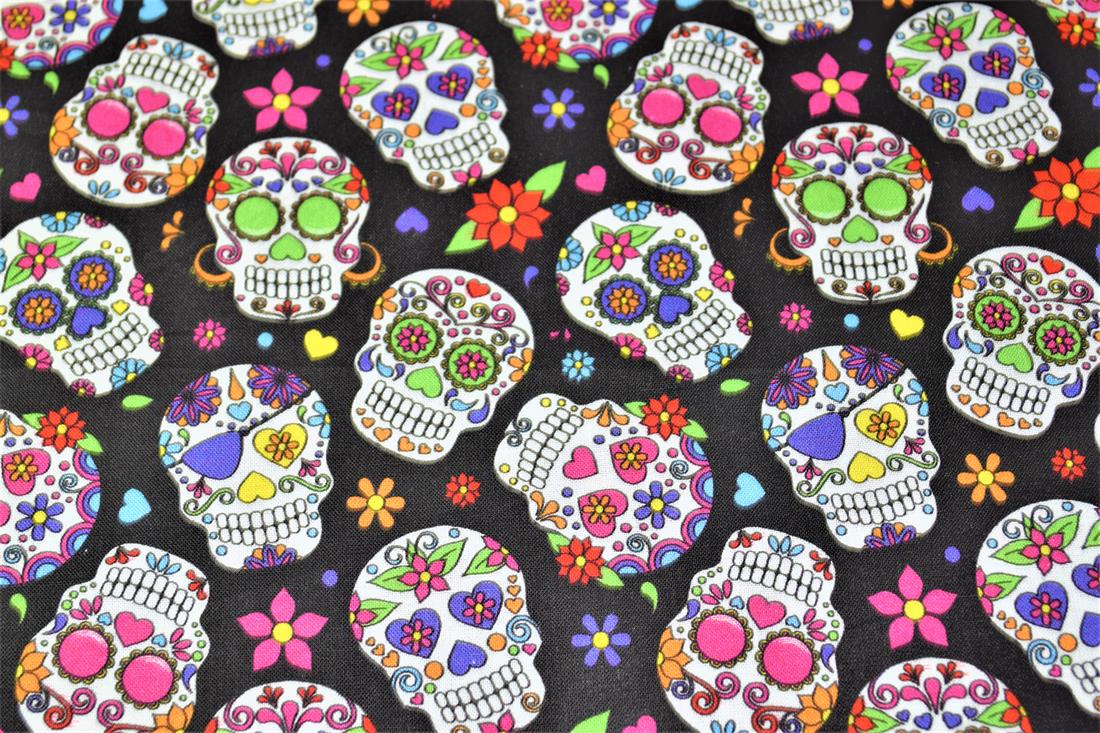 Black Sugar Skulls Printed 100% Cotton Halloween Fabric
