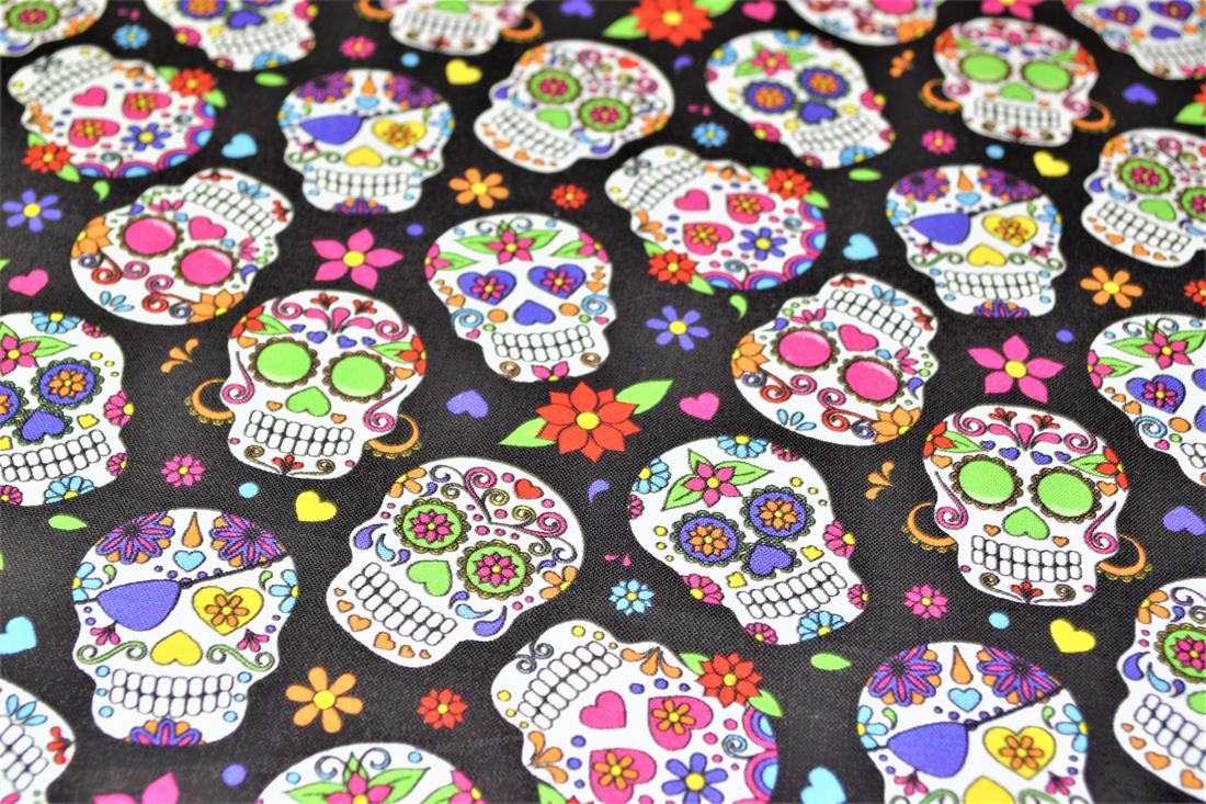 Black Sugar Skulls Printed 100% Cotton Halloween Fabric