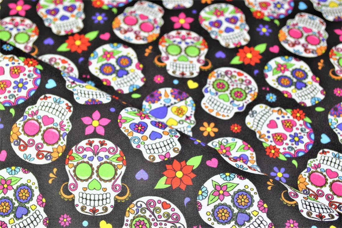 Black Sugar Skulls Printed 100% Cotton Halloween Fabric