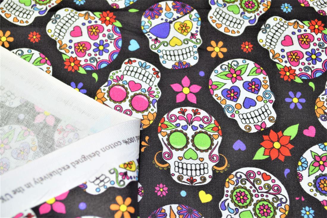 Black Sugar Skulls Printed 100% Cotton Halloween Fabric