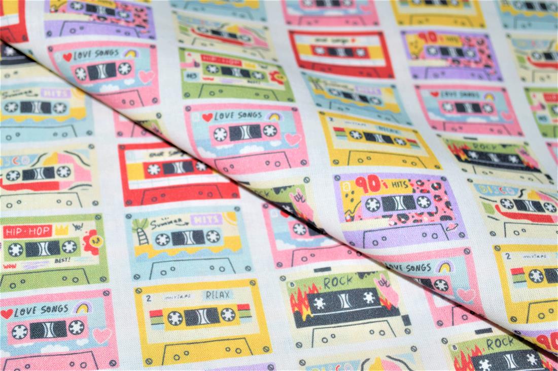 Pink Cassette Tapes Little Johnny Printed 100% Cotton Fabric