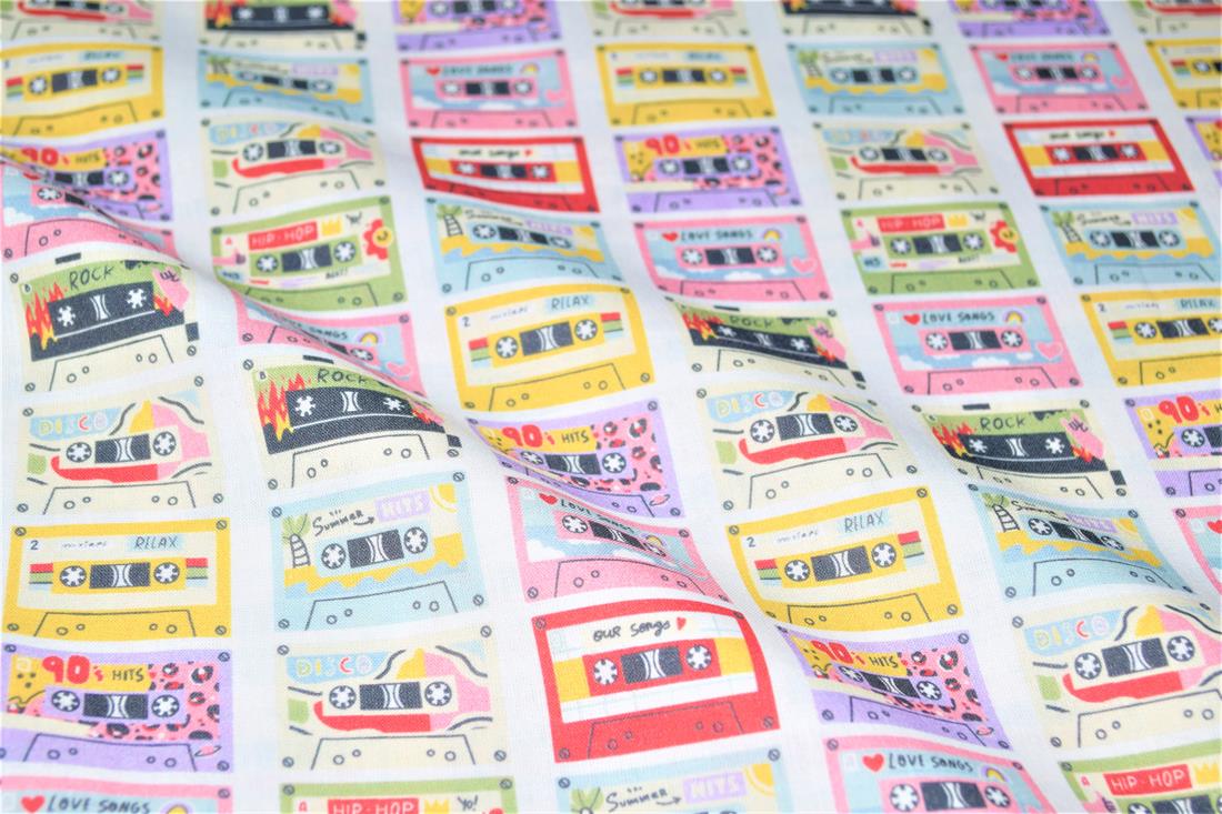 Pink Cassette Tapes Little Johnny Printed 100% Cotton Fabric