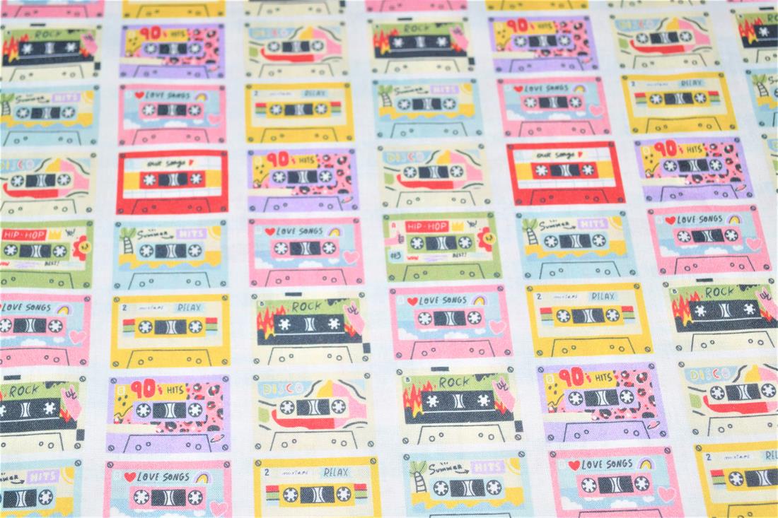 Pink Cassette Tapes Little Johnny Printed 100% Cotton Fabric