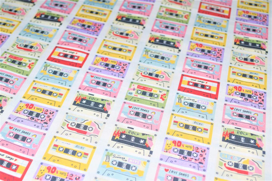 Pink Cassette Tapes Little Johnny Printed 100% Cotton Fabric