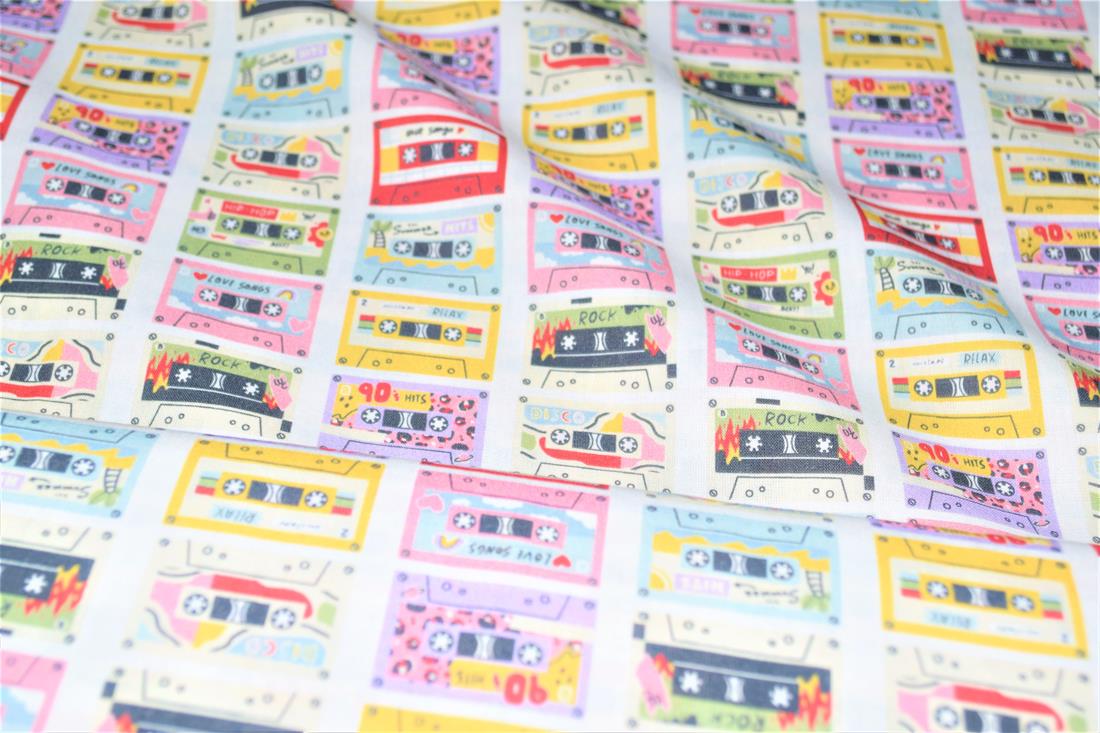Pink Cassette Tapes Little Johnny Printed 100% Cotton Fabric