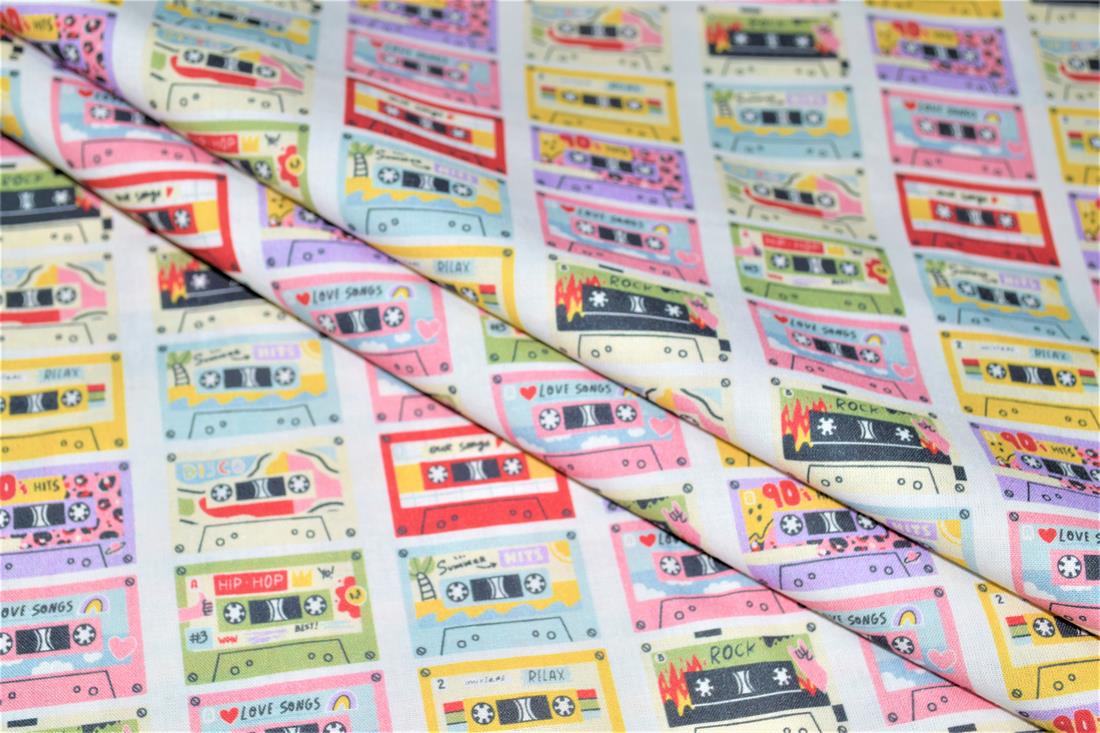 Pink Cassette Tapes Little Johnny Printed 100% Cotton Fabric
