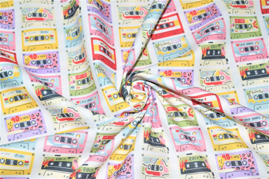 Pink Cassette Tapes Little Johnny Printed 100% Cotton Fabric