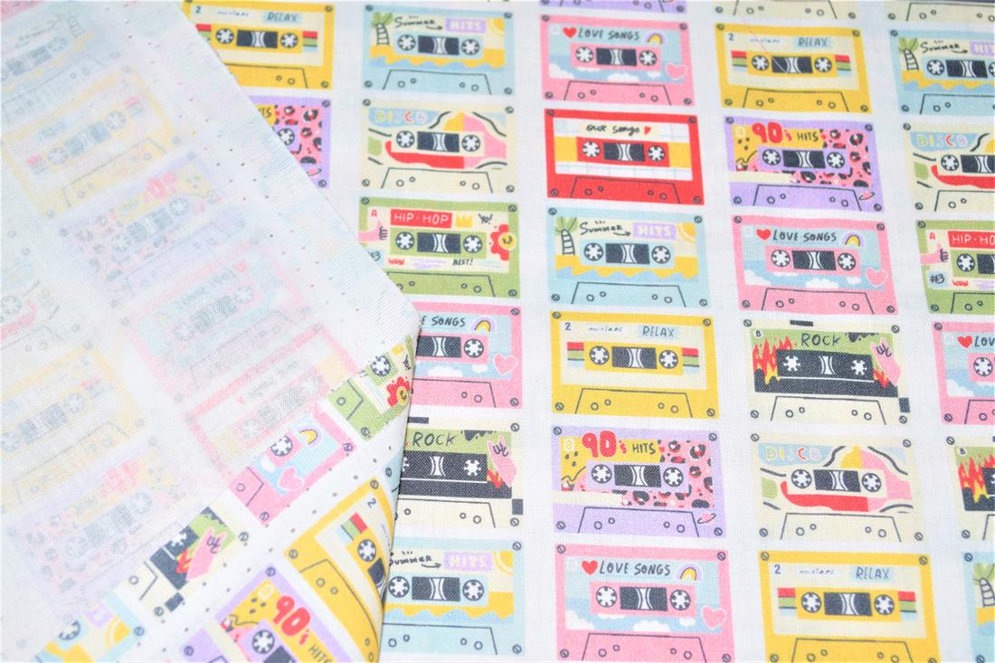 Pink Cassette Tapes Little Johnny Printed 100% Cotton Fabric