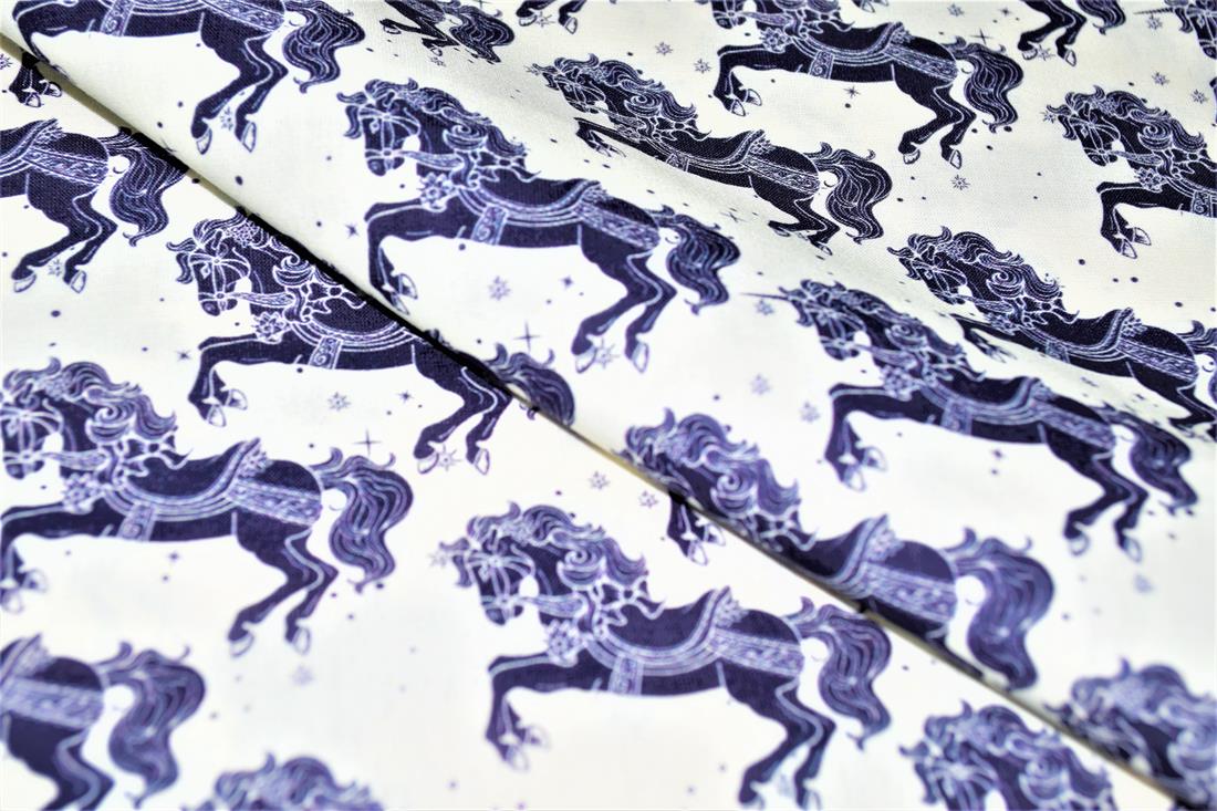 Navy & Cream Carousel Horses Cotton Little Johnny Printed 100% Fabric
