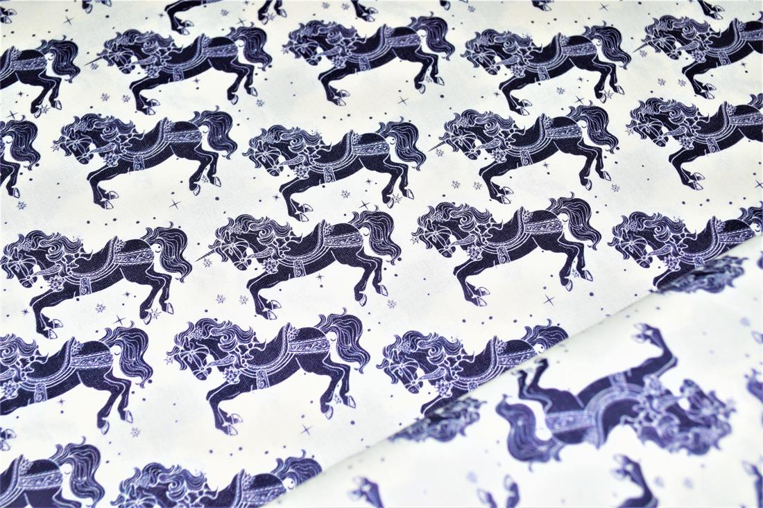 Navy & Cream Carousel Horses Cotton Little Johnny Printed 100% Fabric