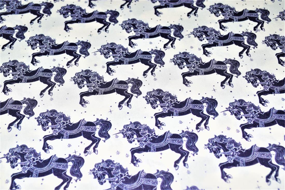 Navy & Cream Carousel Horses Cotton Little Johnny Printed 100% Fabric