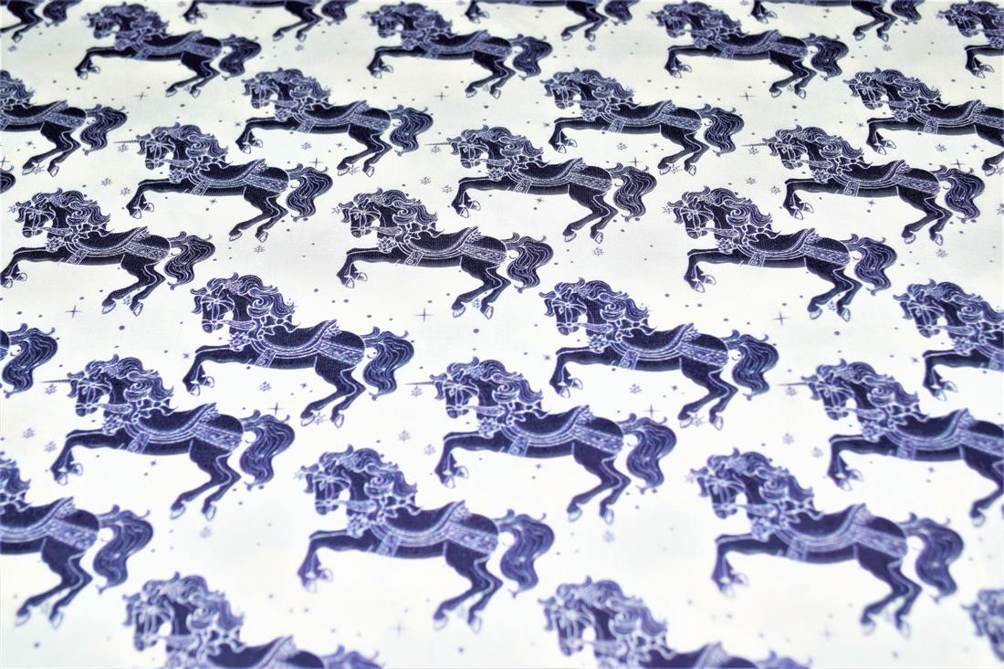Navy & Cream Carousel Horses Cotton Little Johnny Printed 100% Fabric