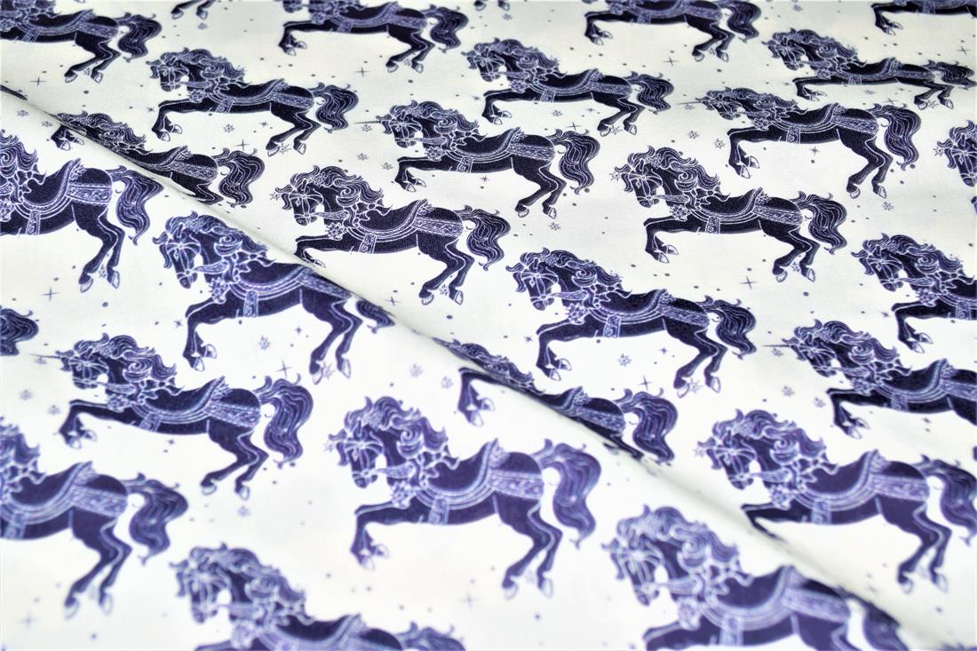 Navy & Cream Carousel Horses Cotton Little Johnny Printed 100% Fabric