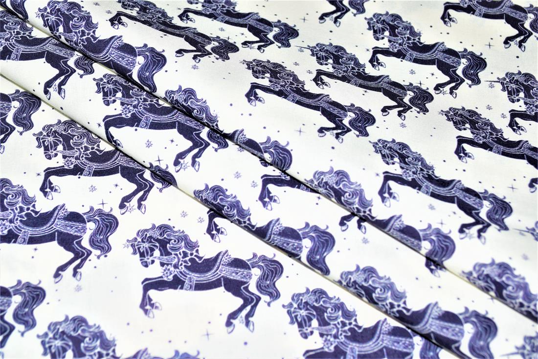 Navy & Cream Carousel Horses Cotton Little Johnny Printed 100% Fabric