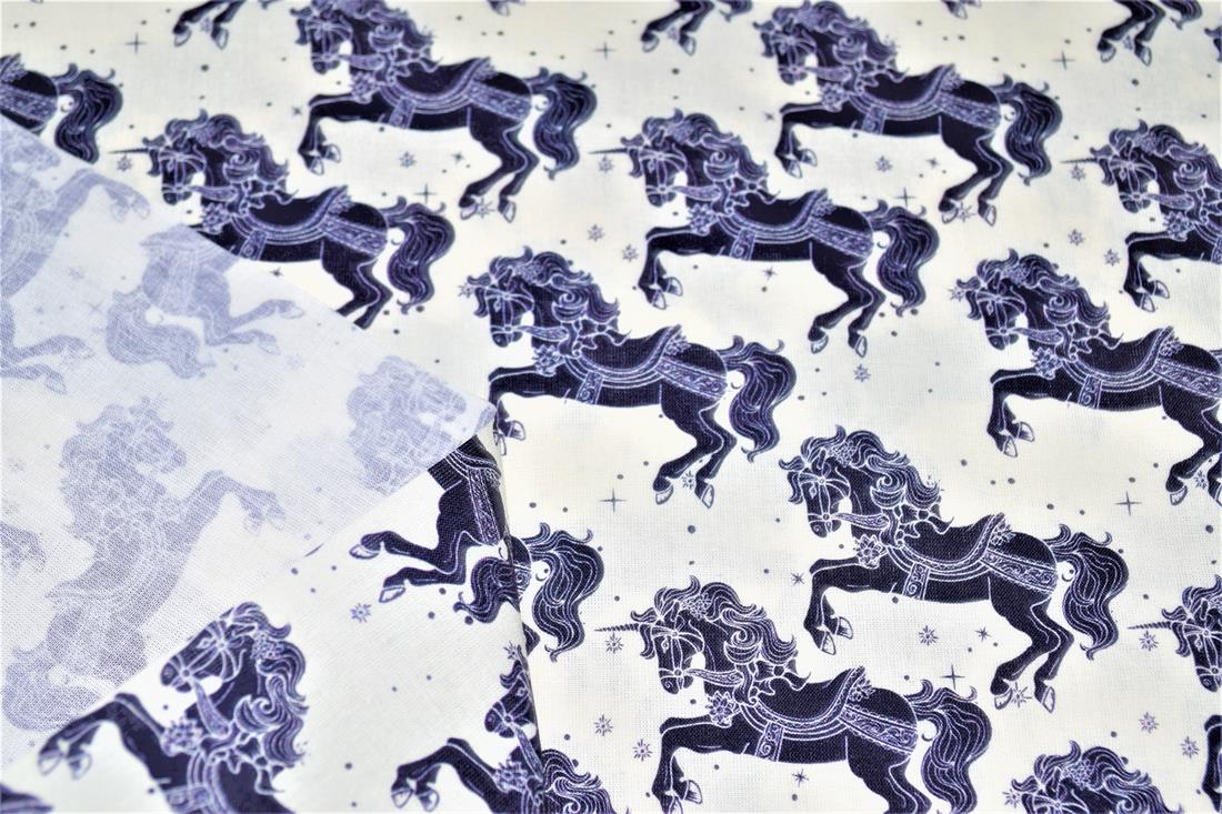 Navy & Cream Carousel Horses Cotton Little Johnny Printed 100% Fabric