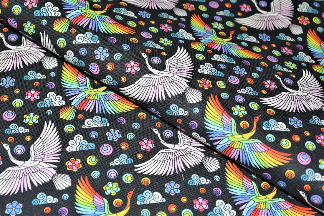Black & Mixed Colours Mosaic Swan Cotton Printed 100% 140Cm Wide…