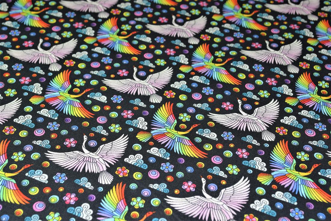 Black & Mixed Colours Mosaic Swan Cotton Printed 100% 140Cm Wide…