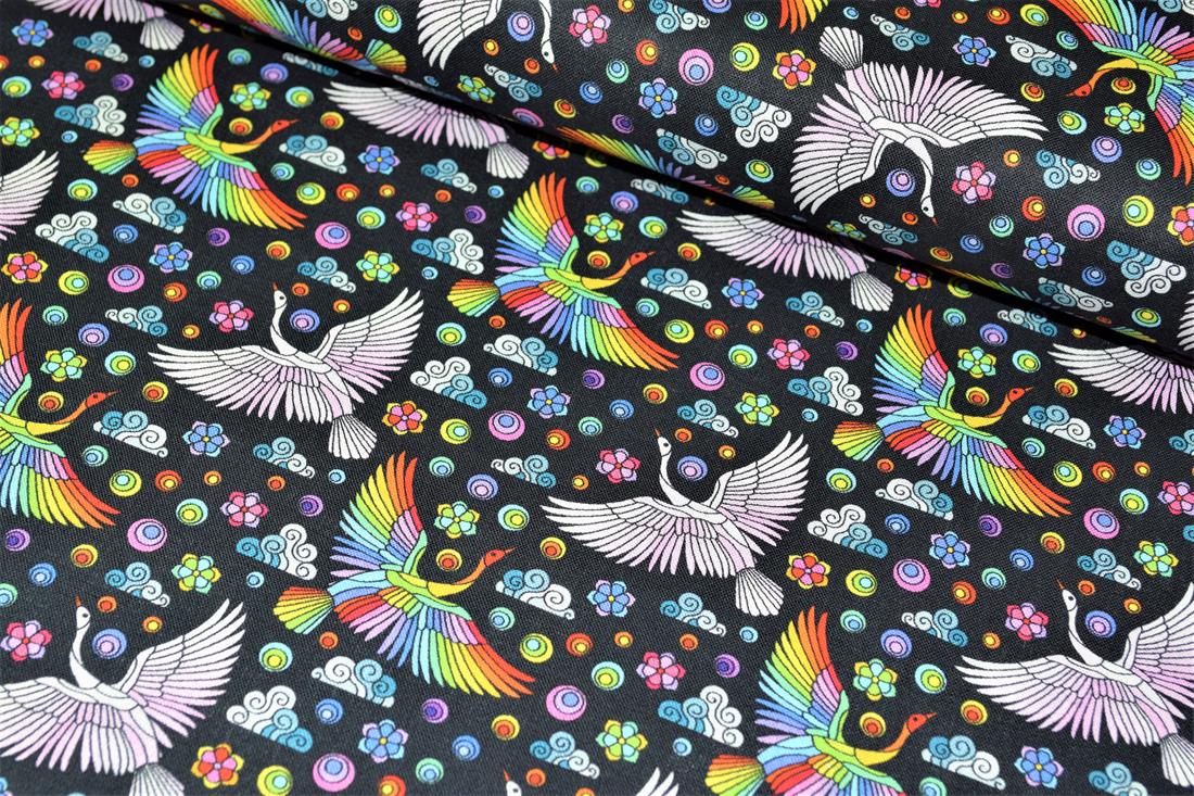 Black & Mixed Colours Mosaic Swan Cotton Printed 100% 140Cm Wide…