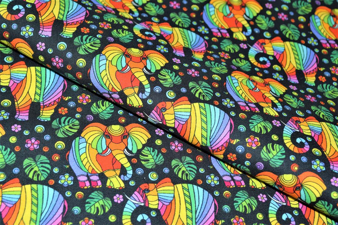 Black & Mixed Colours Mosaic Elephant Printed 100% Cotton 140Cm Wide…