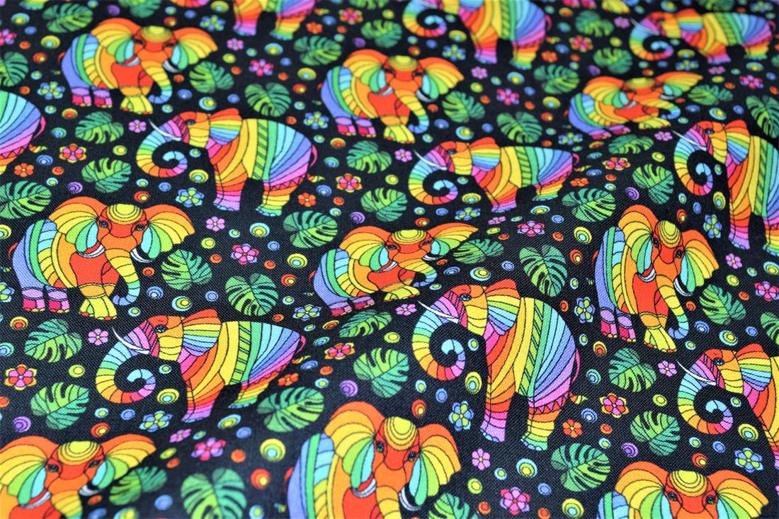 Black & Mixed Colours Mosaic Elephant Printed 100% Cotton 140Cm Wide…