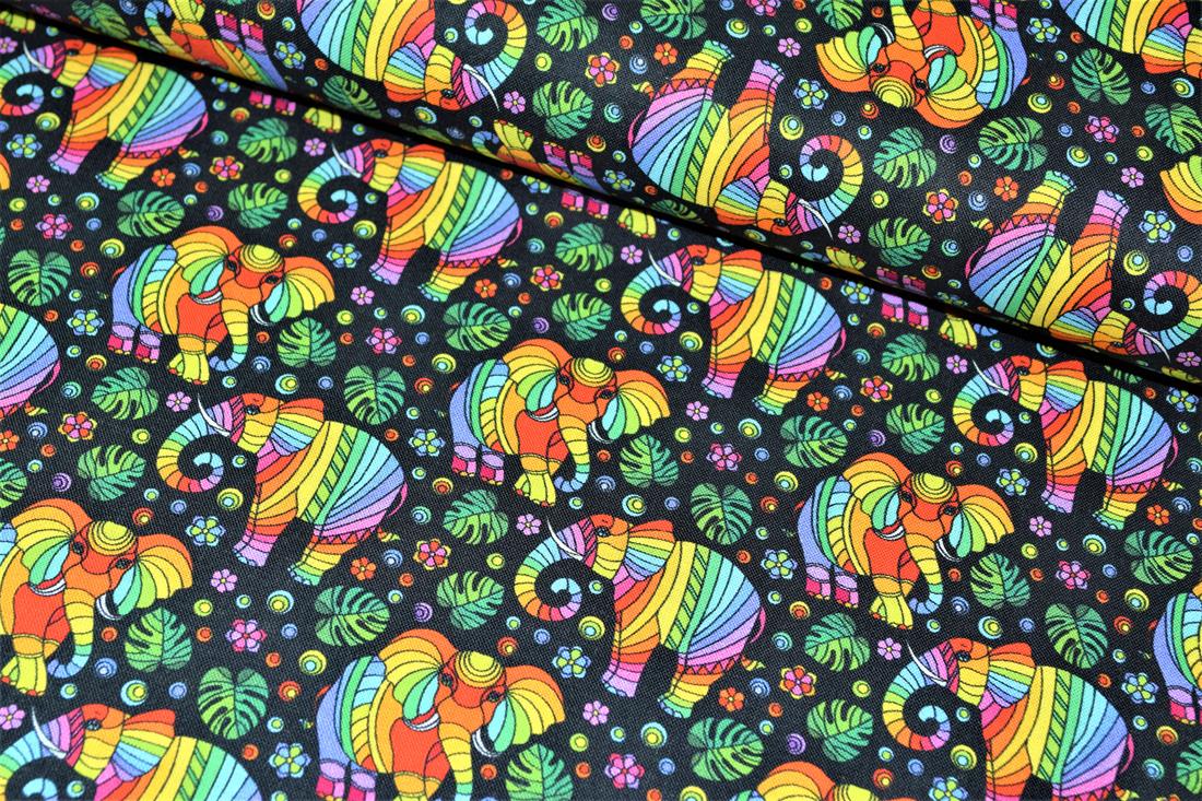 Black & Mixed Colours Mosaic Elephant Printed 100% Cotton 140Cm Wide…