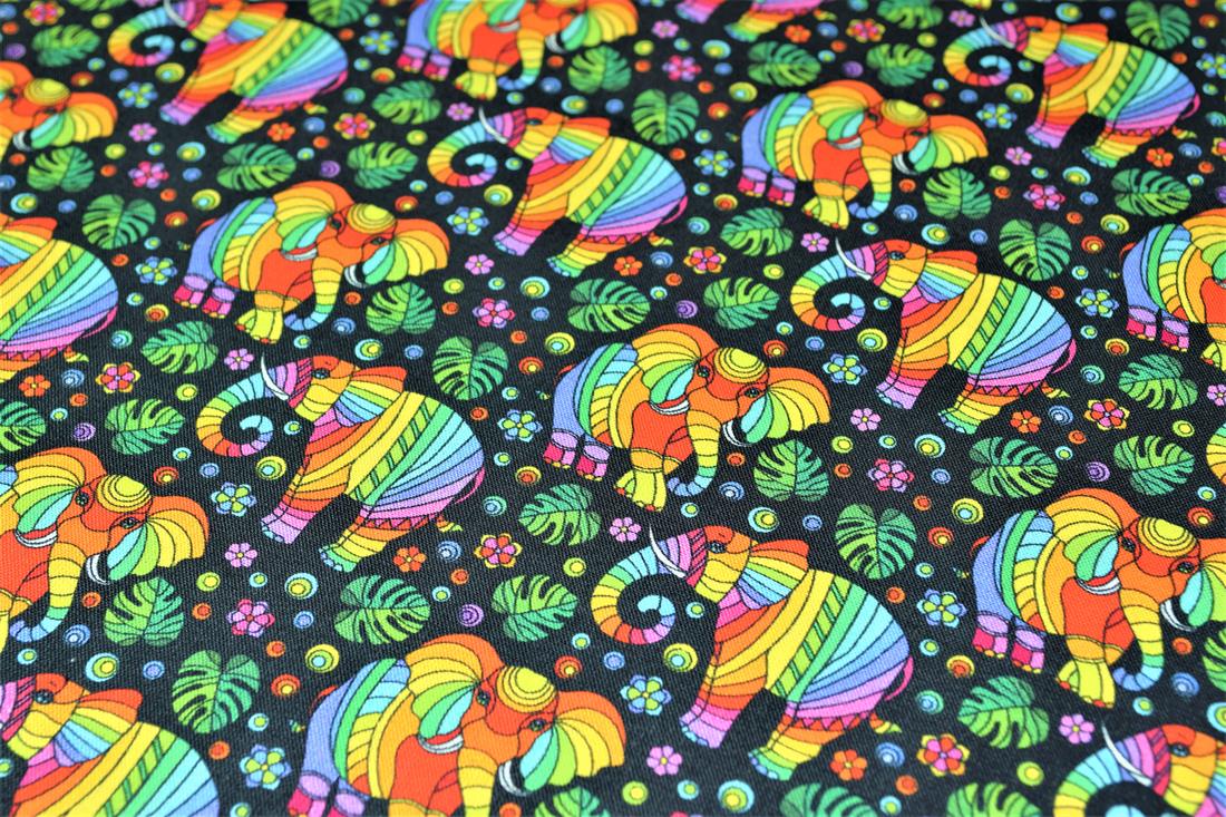 Black & Mixed Colours Mosaic Elephant Printed 100% Cotton 140Cm Wide…