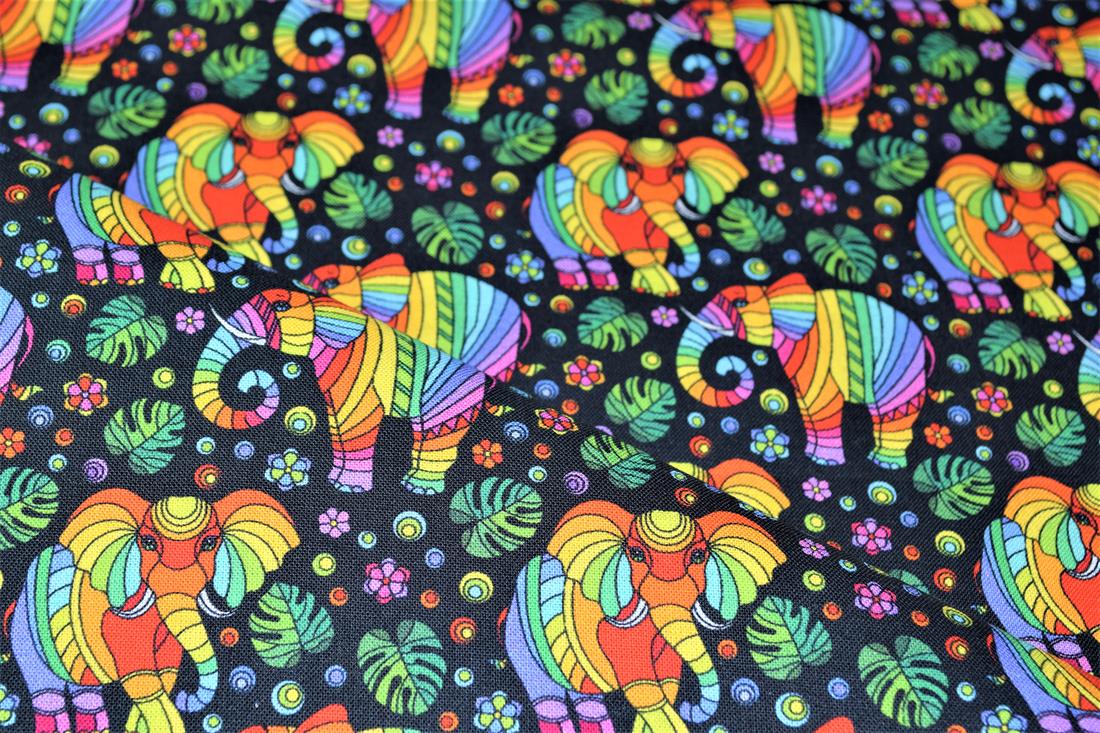 Black & Mixed Colours Mosaic Elephant Printed 100% Cotton 140Cm Wide…