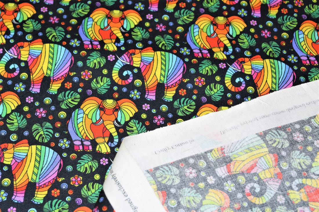 Black & Mixed Colours Mosaic Elephant Printed 100% Cotton 140Cm Wide…