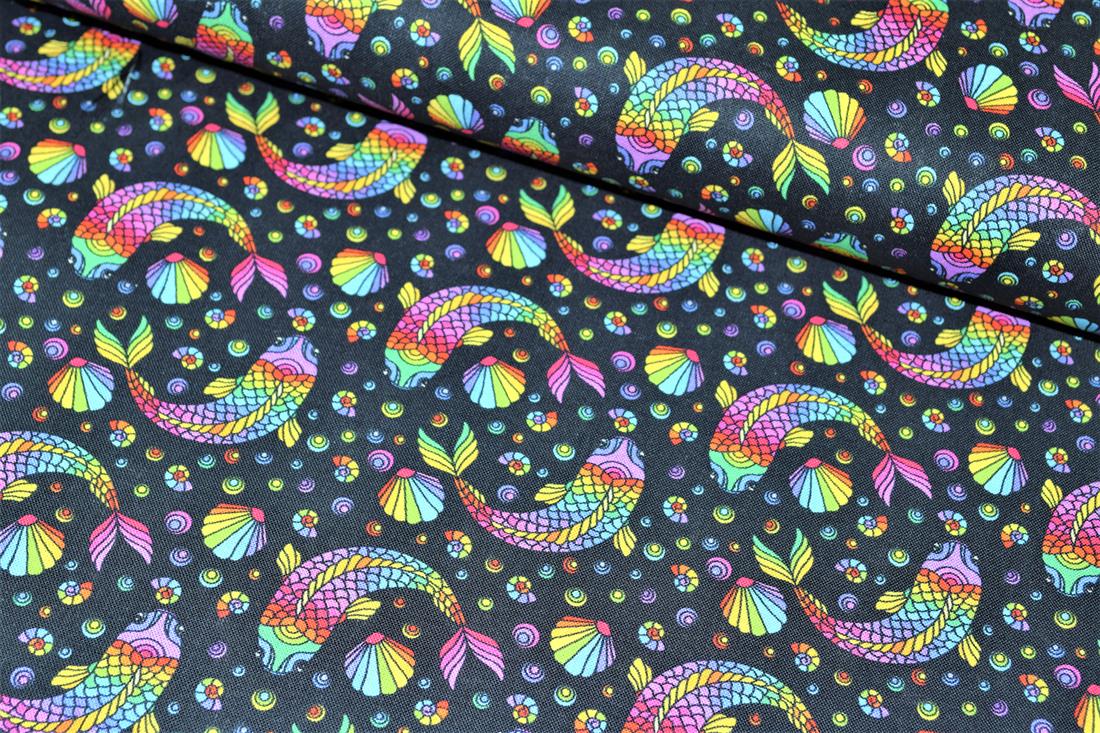 Black & Mixed Colours Mosaic Fish Printed 100% Cotton 140Cm Wide…