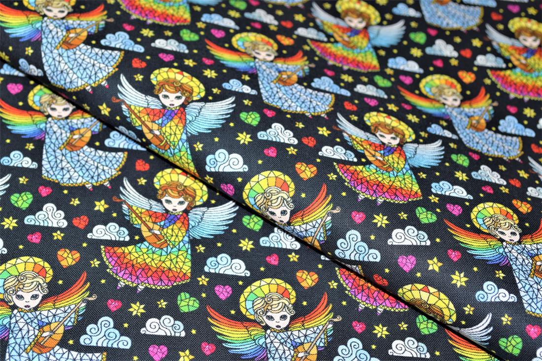 Black & Mixed Colours Mosaic Angel Printed 100% Cotton 140Cm Wide