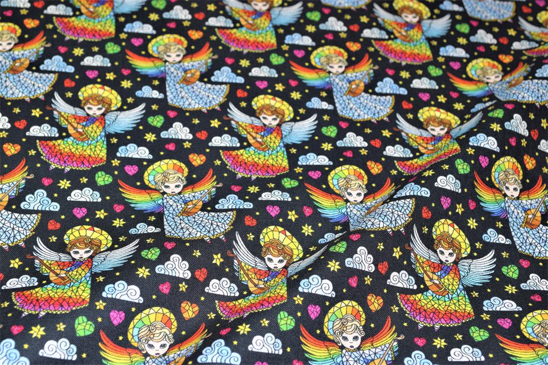 Black & Mixed Colours Mosaic Angel Printed 100% Cotton 140Cm Wide
