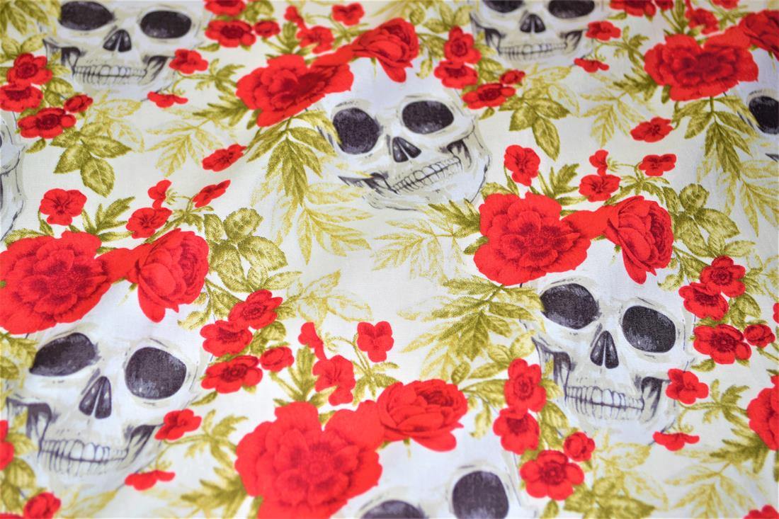 White Halloween Floral Skull Print Fabric