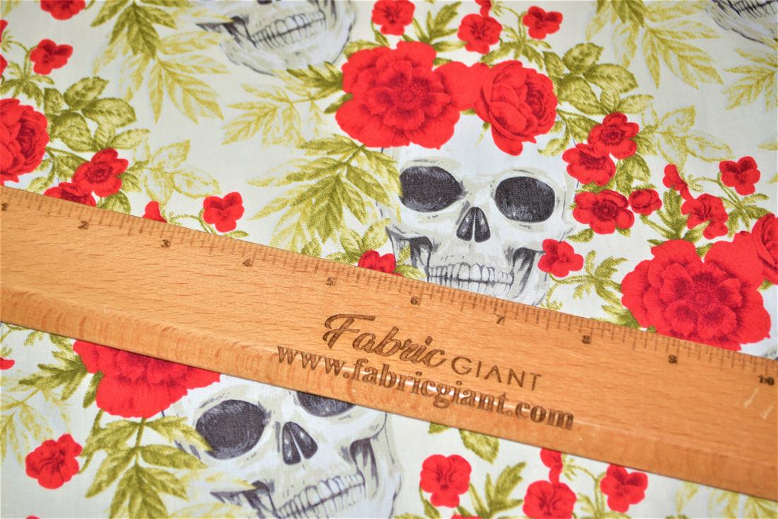 White Halloween Floral Skull Print Fabric