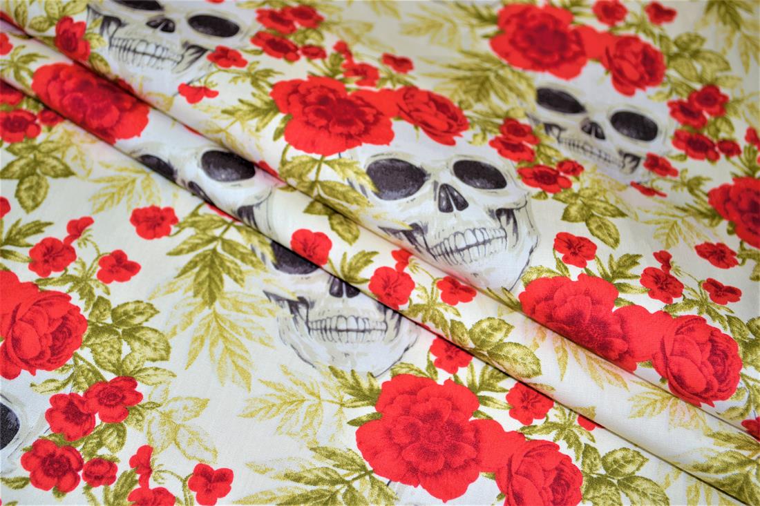 White Halloween Floral Skull Print Fabric