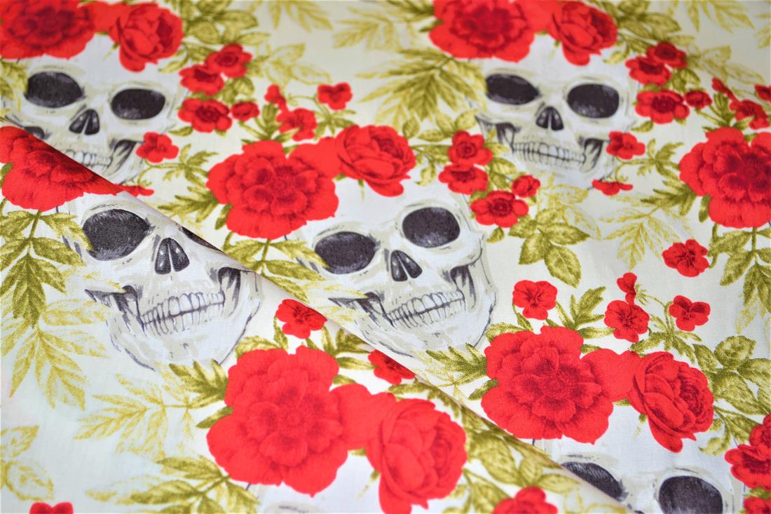 White Halloween Floral Skull Print Fabric