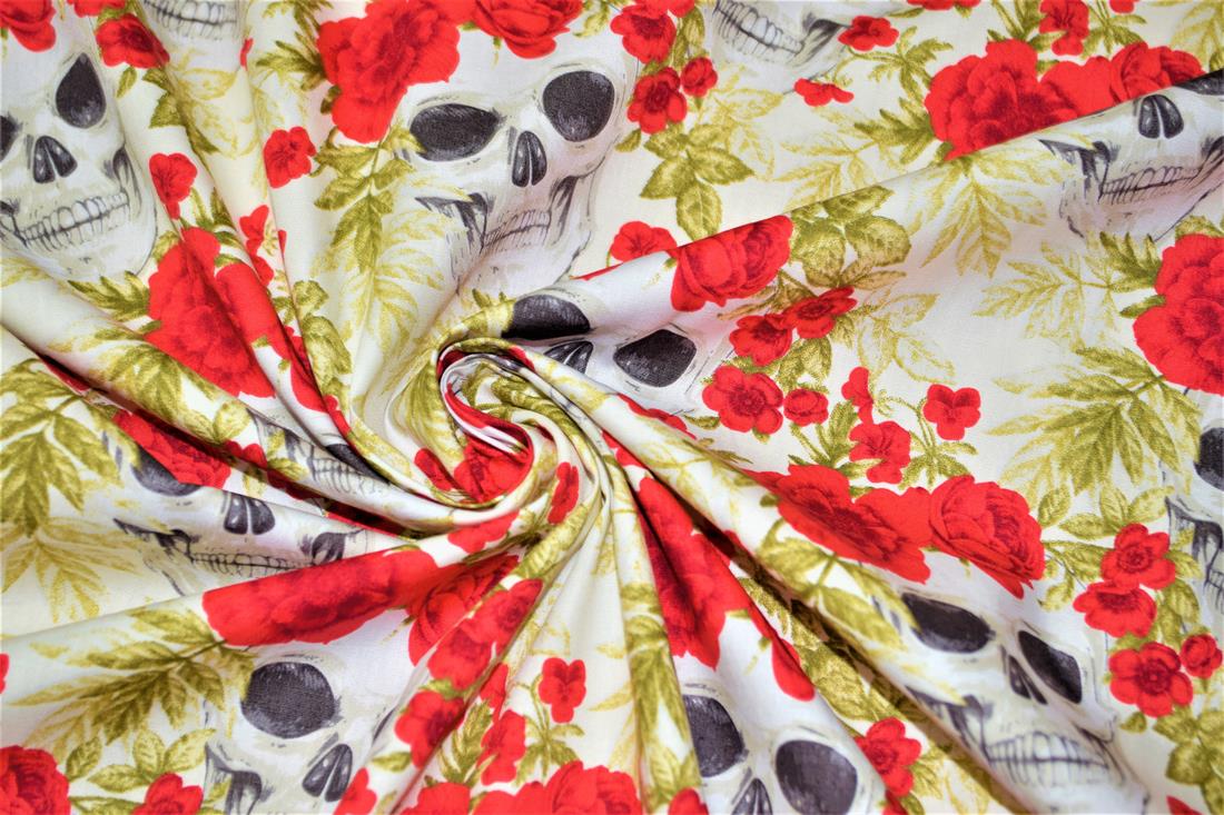 White Halloween Floral Skull Print Fabric